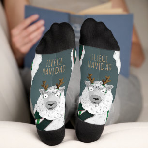 “Fleece Navidad” Funny Sheep Pun Turquoise Grey Socks
