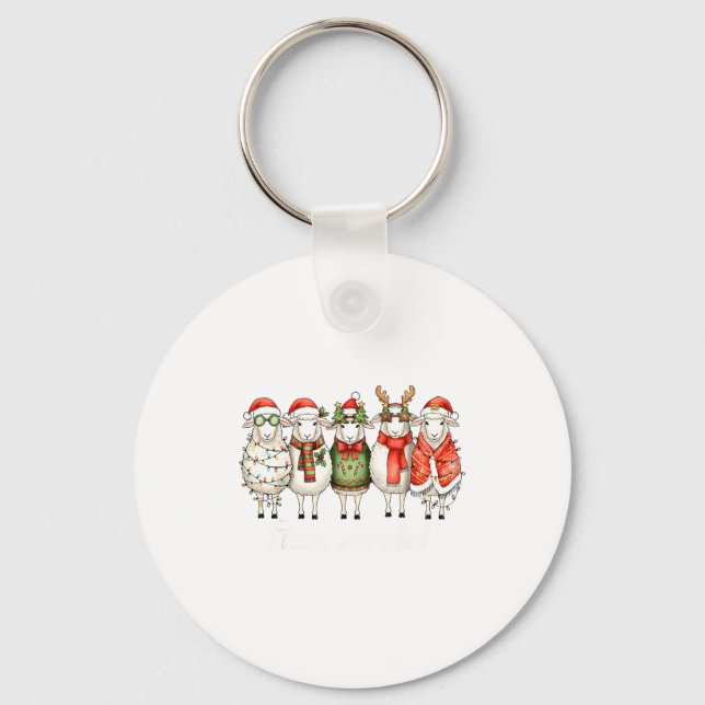 Fleece Navidad Sheep Christmas Lights Dinner Famil Keychain (Front)