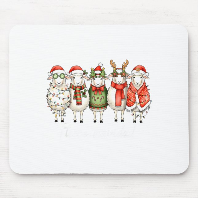 Fleece Navidad Sheep Christmas Lights Dinner Famil Mouse Pad (Front)