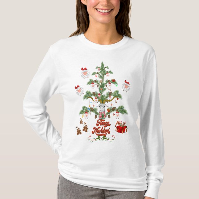 Fleece Navidad Sheep Christmas Tree T-Shirt (Front)