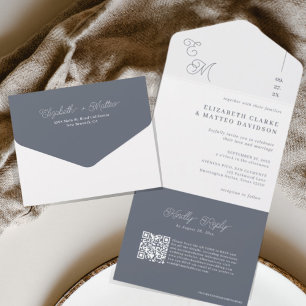 Fleet Grey Minimalist Monogram Wedding QR Code All In One Invitation