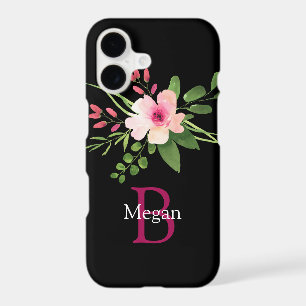 Fleur aquarelle, nom et monogramme sur fond noir