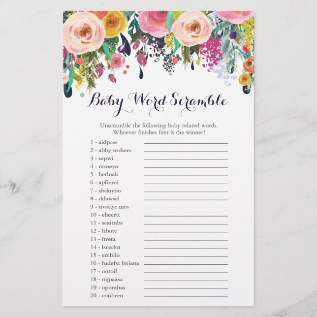Fleur Baby shower Word Scramble Cartes de jeu (Devant)