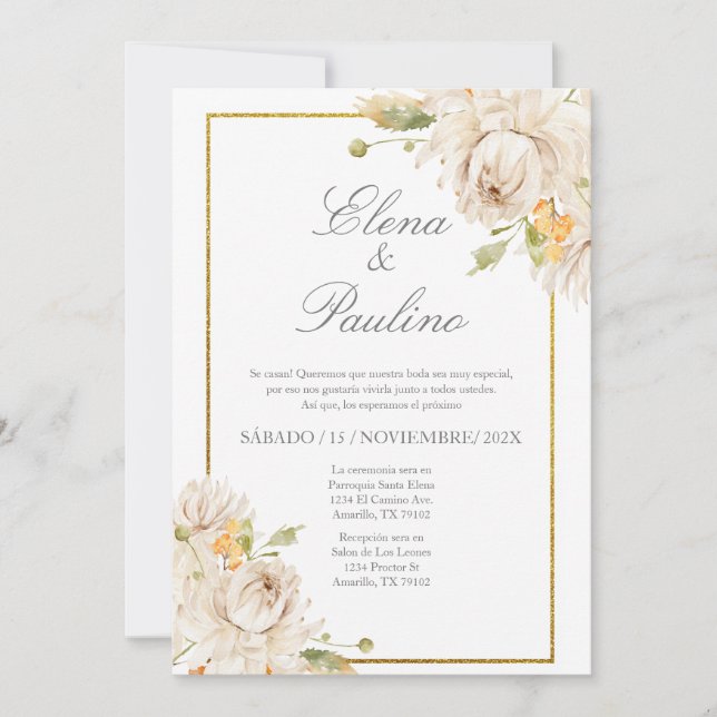 Fleur beige Elégant Mariage Invitation en espagnol (Devant)