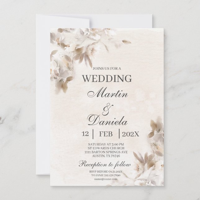 Fleur blanche beige Faire-part de mariage espagnol (Devant)