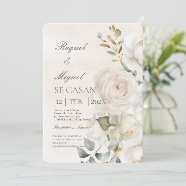 Fleur blanche beige Faire-part de mariage espagnol (Debout devant)