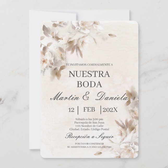 Fleur blanche beige Faire-part de mariage espagnol (Devant)
