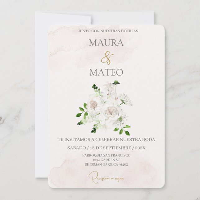 Fleur blanche Faire-part de mariage espagnole beig (Devant)