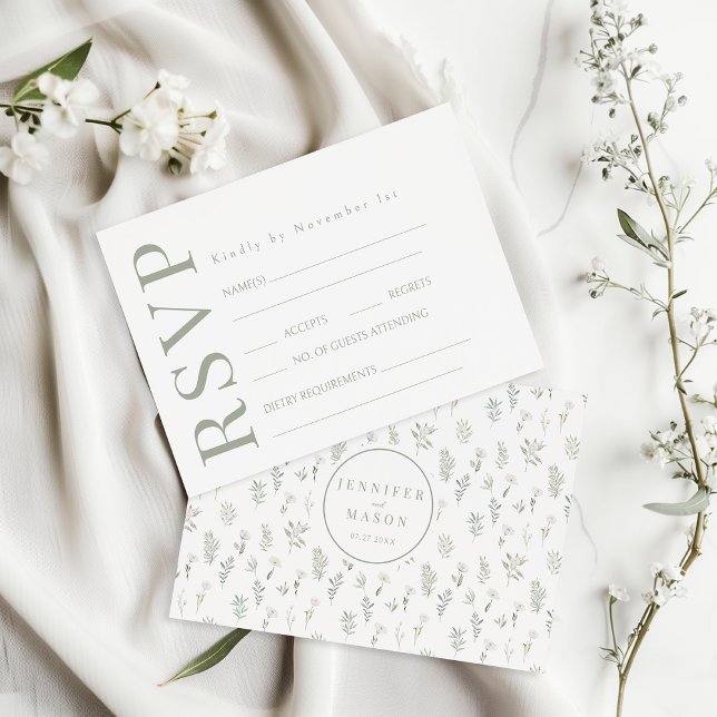 Fleur blanche verte Mariage rustique Cartes RSVP (Créateur téléchargé)