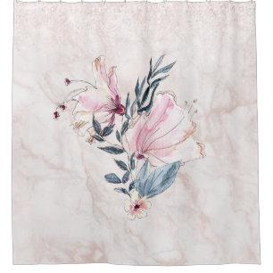 Fleur bleu marine et rose sur rideau de douche en