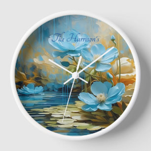 Fleur bleue colorée editable horloge murale