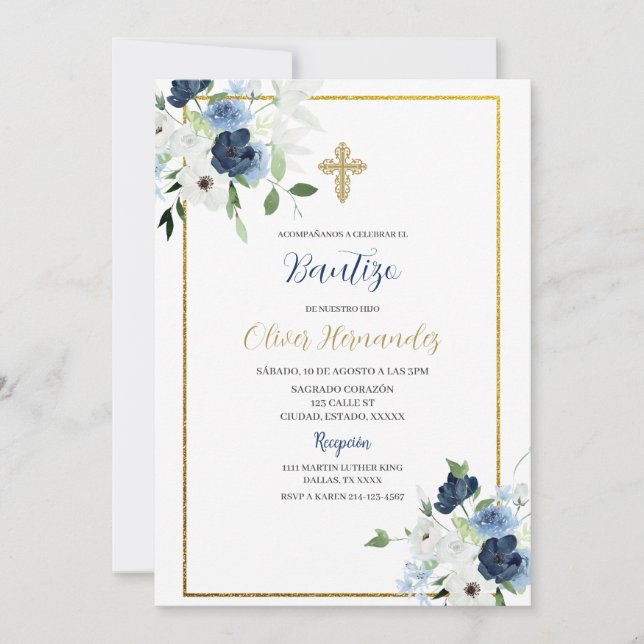 Fleur bleue et blanche Invitation espagnole de bap (Devant)