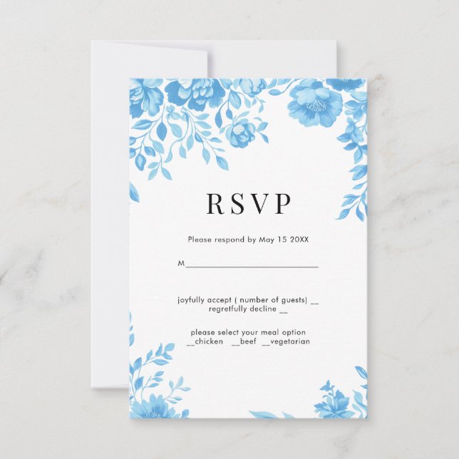 Fleur bleue Mariage floral rétro RSVP (Devant)