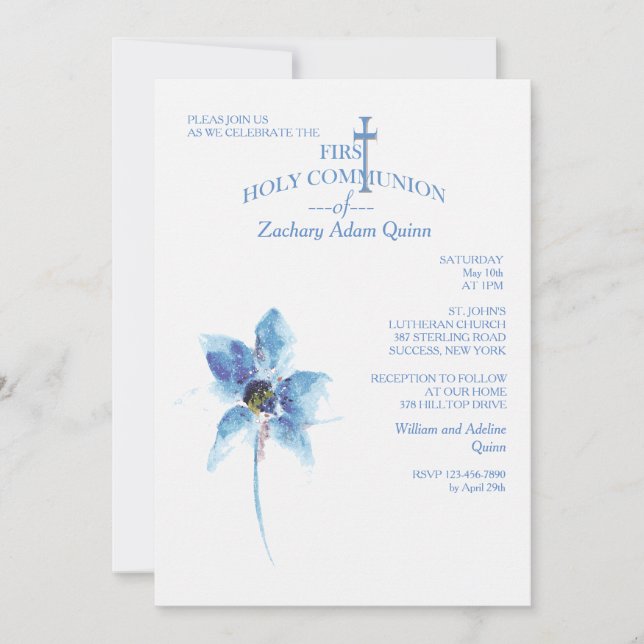 Fleur Bleue Première Communion Sainte Invitation (Devant)