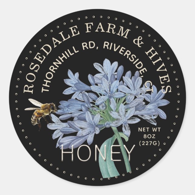 Fleur bleue sur Étiquette de miel noir avec abeill (Devant)
