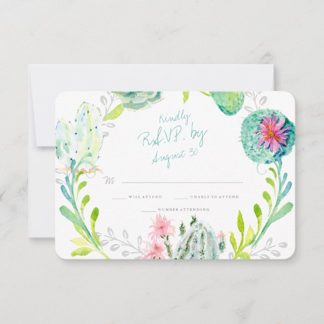 Fleur de Cactus Aquarelle moderne Desert Wood Rsvp (Devant)
