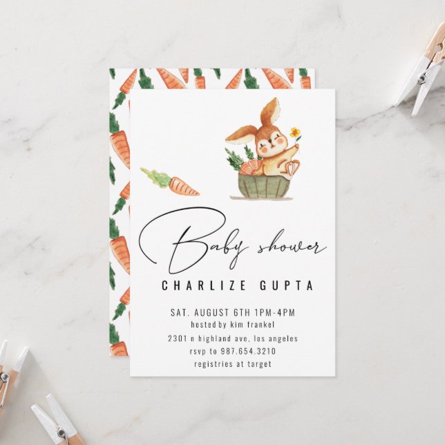 Fleur de carotte de lapin Baby shower Invitation f (Devant/Arrière en situation)