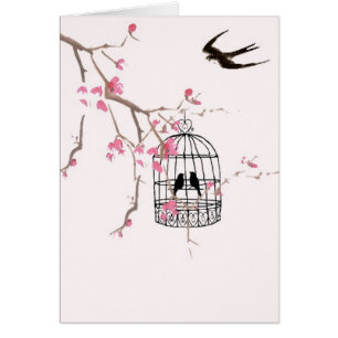 Fleur de cerisiers, hirondelle, cage à oiseaux - s