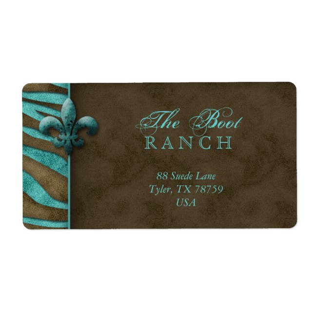 Fleur de Lis Address Label Blue Brown Zebra Suede (Front)