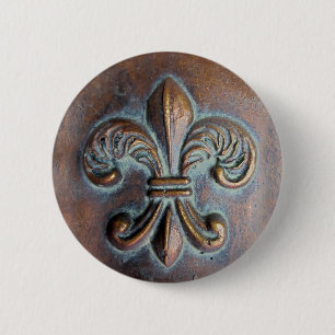Fleur De Lis, Aged Copper-Look Printed 2 Inch Round Button