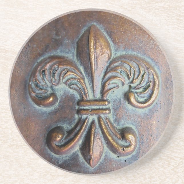 Fleur De Lis, Aged Copper-Look Printed Coaster (Front)