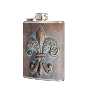 Fleur De Lis, Aged Copper-Look Printed Hip Flask