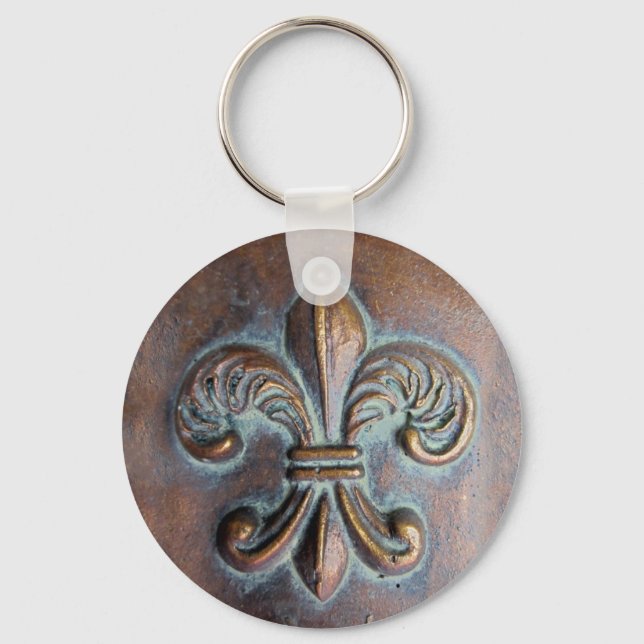 Fleur De Lis, Aged Copper-Look Printed Keychain (Front)