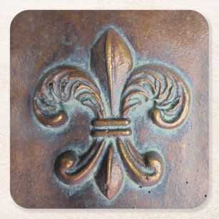 Fleur De Lis, Aged Copper-Look Printed Square Paper Coaster