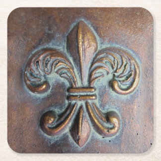 Fleur De Lis, Aged Copper-Look Printed Square Paper Coaster