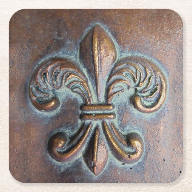 Fleur De Lis, Aged Copper-Look Printed Square Paper Coaster (Front)