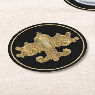 Fleur De Lis Antique Gold Round Paper Coaster