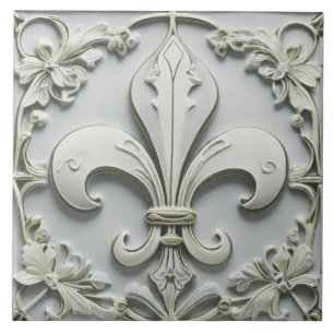 Fleur de Lis Antique Grey Gray Faux Relief Tile