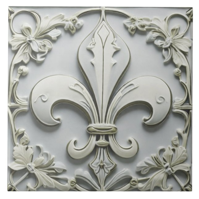 Fleur de Lis Antique Grey Grey Faux Relief Tile (Front)