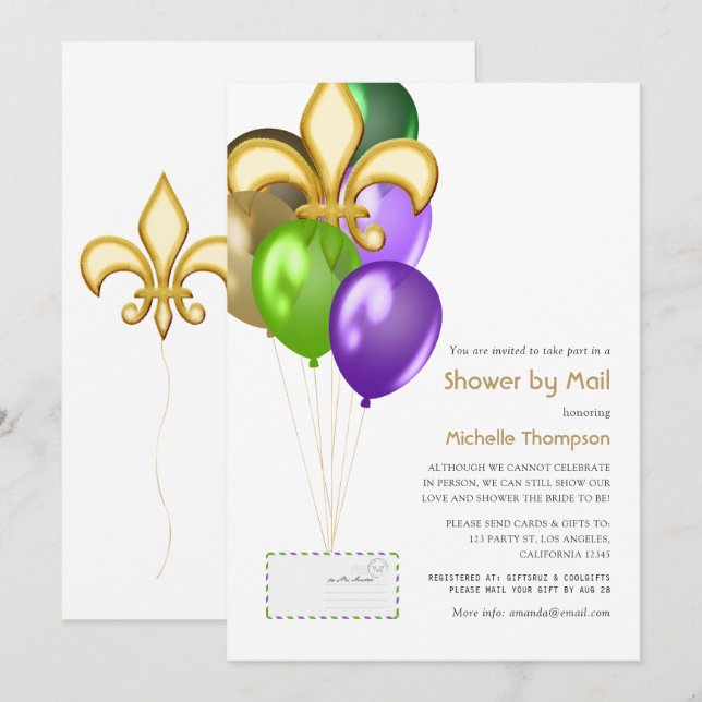 Fleur de Lis Balloon Baby or Bridal Shower by Mail Invitation (Front/Back)