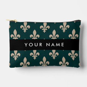 Fleur de Lis, Beige on Green, Royal, Your Name Accessory Pouch