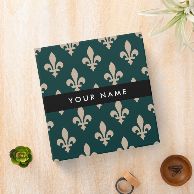 Fleur de Lis, Beige on Green, Royal, Your Name Binder (In Situ)