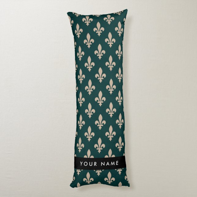 Fleur de Lis, Beige on Green, Royal, Your Name Body Pillow (Back (Vertical))