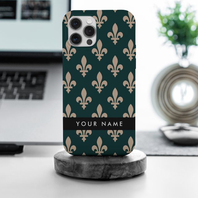 Fleur de Lis, Beige on Green, Royal, Your Name Case-Mate iPhone Case (Creator Uploaded)