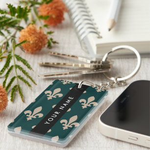 Fleur de Lis, Beige on Green, Royal, Your Name Keychain