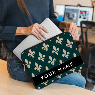 Fleur de Lis, Beige on Green, Royal, Your Name Laptop Sleeve