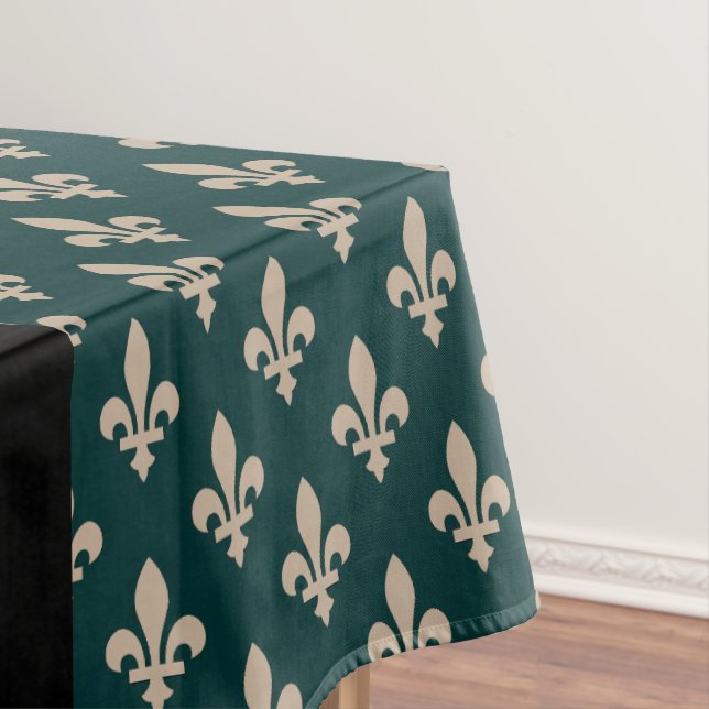 Fleur de Lis, Beige on Green, Royal, Your Name Tablecloth (In Situ)