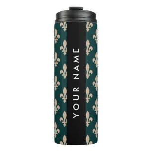 Fleur de Lis, Beige on Green, Royal, Your Name Thermal Tumbler