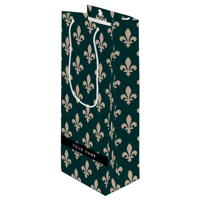Fleur de Lis, Beige on Green, Royal, Your Name Wine Gift Bag (Front Angled)
