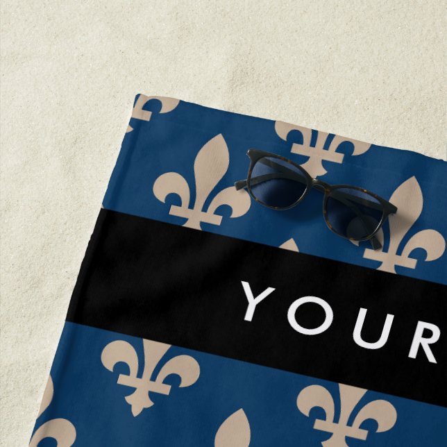 Fleur de Lis, Beige on Navy Blue, Royal, Your Name Beach Towel (In Situ)