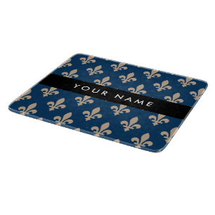 Fleur de Lis, Beige on Navy Blue, Royal, Your Name Cutting Board