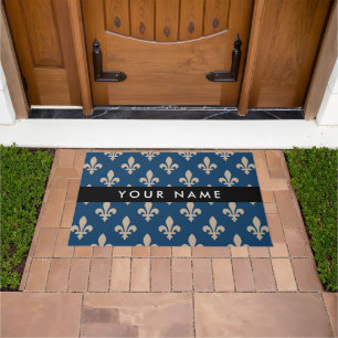 Fleur de Lis, Beige on Navy Blue, Royal, Your Name Doormat