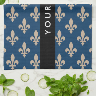 Fleur de Lis, Beige on Navy Blue, Royal, Your Name Kitchen Towel