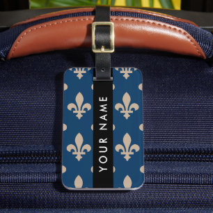 Fleur de Lis, Beige on Navy Blue, Royal, Your Name Luggage Tag