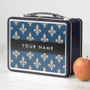 Fleur de Lis, Beige on Navy Blue, Royal, Your Name Metal Lunch Box