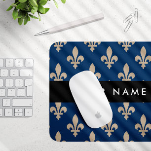 Fleur de Lis, Beige on Navy Blue, Royal, Your Name Mouse Pad